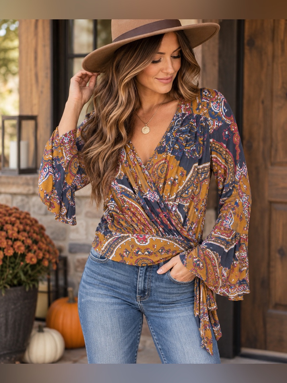 Free People Paisley Wrap Tie Boho Top XS Flare Sleeves